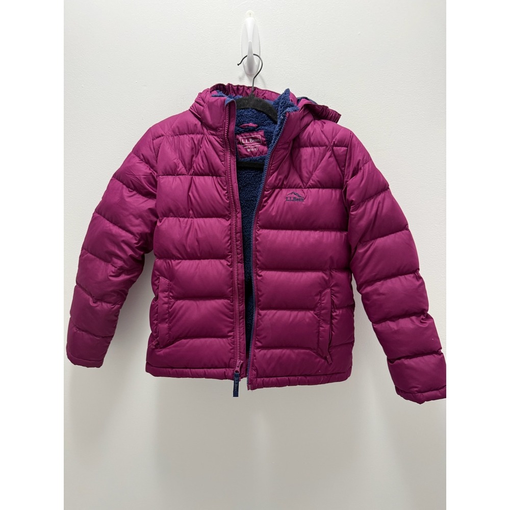 LL Bean Kids Down Puffer Jacket Magenta Purple Sherpa Lined Hooded Size M 10-12